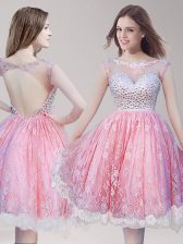  Scoop Lace Sleeveless Knee Length Beading Backless Prom Gown with Pink And White