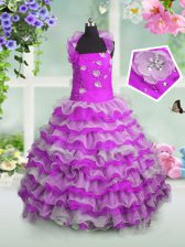 Custom Fit Ruffled Floor Length Ball Gowns Sleeveless Fuchsia Little Girls Pageant Dress Lace Up