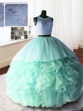  Scoop Sleeveless Sweet 16 Dress With Brush Train Beading and Lace and Ruffles Apple Green Organza and Tulle and Lace