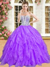 Custom Designed Beading and Ruffles Quinceanera Gown Purple Lace Up Sleeveless Floor Length