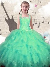 Superior Turquoise Ball Gowns Organza Halter Top Sleeveless Beading and Ruffles Floor Length Lace Up Little Girls Pageant Dress Wholesale