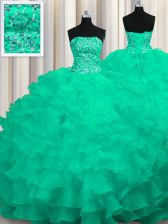 Perfect Turquoise Ball Gowns Strapless Sleeveless Organza Sweep Train Lace Up Beading and Ruffles Quinceanera Gown