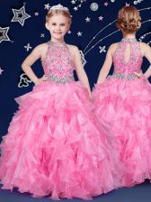  Organza Halter Top Sleeveless Zipper Beading and Ruffles Little Girls Pageant Dress Wholesale in Rose Pink