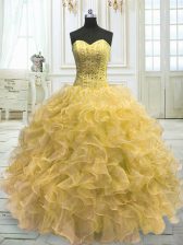 On Sale Light Yellow Lace Up Sweetheart Beading and Ruffles Sweet 16 Dresses Organza Sleeveless