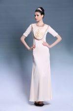  Scoop Floor Length Champagne Prom Party Dress Chiffon Short Sleeves Beading and Ruching