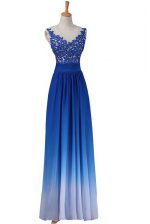 New Arrival Blue Sleeveless Floor Length Lace Backless Evening Dress