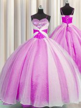  Organza Spaghetti Straps Sleeveless Lace Up Beading and Sequins and Ruching Quinceanera Gowns in Fuchsia