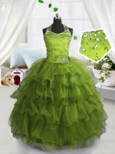  Scoop Olive Green Ball Gowns Beading and Ruffled Layers Little Girls Pageant Gowns Lace Up Organza Sleeveless Floor Length