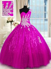  One Shoulder Appliques Quinceanera Dress Fuchsia Lace Up Sleeveless Floor Length