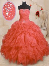 Pretty Floor Length Orange Red Ball Gown Prom Dress Strapless Sleeveless Lace Up