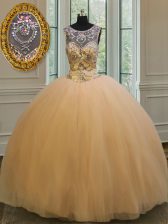 Affordable Scoop Backless Gold Sleeveless Beading and Appliques Floor Length 15th Birthday Dress