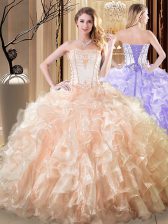  Sleeveless Organza Floor Length Lace Up 15 Quinceanera Dress in Yellow with Embroidery and Ruffles