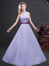  Halter Top Sleeveless Floor Length Belt Zipper Vestidos de Damas with Lavender