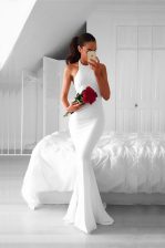 Classical Mermaid White Chiffon Backless Halter Top Sleeveless Prom Party Dress Sweep Train Ruching