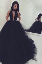  Sleeveless With Train Ruching Backless Prom Dress with Black Sweep Train