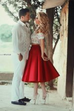 Dramatic A-line Prom Gown Red Off The Shoulder Satin Short Sleeves Tea Length Zipper