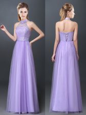  Tulle Halter Top Sleeveless Lace Up Lace and Appliques Dama Dress for Quinceanera in Lavender