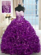  Purple Lace Up Quinceanera Gown Beading and Ruffles Sleeveless With Brush Train