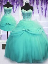 Super Three Piece Aqua Blue Sleeveless Beading and Bowknot Floor Length Quince Ball Gowns
