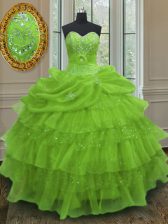  Sleeveless Floor Length Beading and Ruffled Layers and Pick Ups Lace Up Quinceanera Dresses with Yellow Green