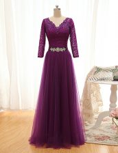 On Sale Floor Length Empire 3 4 Length Sleeve Purple Prom Dresses Lace Up