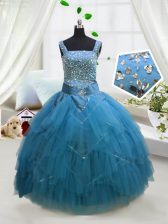  Aqua Blue Straps Lace Up Beading and Ruffles Little Girls Pageant Gowns Sleeveless