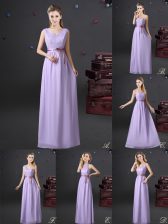 High Quality Lavender Sleeveless Lace and Appliques and Belt Floor Length Quinceanera Dama Dress
