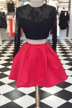  Scoop Red And Black Zipper Prom Gown Lace Long Sleeves Knee Length