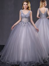  Grey Lace Up Appliques Quince Ball Gowns Tulle Sleeveless