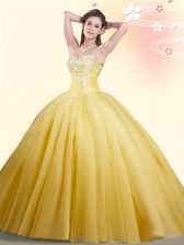 Pretty Gold Lace Up 15 Quinceanera Dress Beading Sleeveless Floor Length