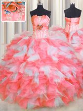 Extravagant Pink And White Sleeveless Organza Lace Up 15th Birthday Dress for Military Ball and Sweet 16 and Quinceanera