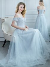 Off the Shoulder Cap Sleeves Tulle Floor Length Lace Up Vestidos de Damas in Light Blue with Beading and Appliques