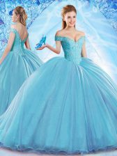 Sweet Off the Shoulder Aqua Blue Ball Gowns Beading Sweet 16 Dress Lace Up Organza Sleeveless With Train