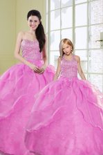 Stunning Lilac Organza Lace Up Sweet 16 Dress Sleeveless Floor Length Beading and Sequins
