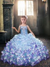  Light Blue Sleeveless Beading and Appliques Floor Length Flower Girl Dresses for Less