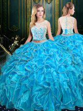 Low Price Scoop Floor Length Zipper Quinceanera Gown Baby Blue for Military Ball and Sweet 16 and Quinceanera with Lace and Ruffles