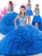  Four Piece Royal Blue Quinceanera Dress Military Ball and Sweet 16 and Quinceanera with Beading and Pick Ups High-neck Sleeveless Zipper