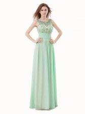 New Style Scoop Apple Green Chiffon Zipper Dress for Prom Sleeveless Floor Length Beading and Bowknot