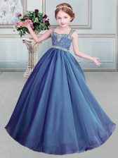 Eye-catching Straps Organza Sleeveless Floor Length Child Pageant Dress and Beading