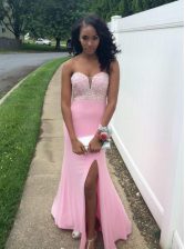 Cute Rose Pink Prom Evening Gown Prom and Party with Beading Sweetheart Sleeveless Backless