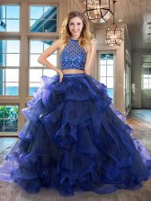  Halter Top Royal Blue Two Pieces Beading and Ruffles Quinceanera Dresses Backless Tulle Sleeveless