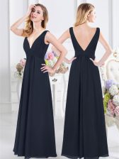 Stylish Ruching Quinceanera Court Dresses Navy Blue Backless Sleeveless Floor Length