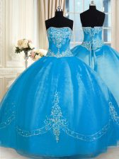 Dramatic Baby Blue Lace Up Quinceanera Gown Embroidery Sleeveless Floor Length