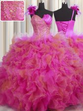 Unique Handcrafted Flower Ball Gowns 15th Birthday Dress Multi-color One Shoulder Tulle Sleeveless Floor Length Lace Up
