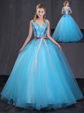 Custom Design Blue Ball Gowns V-neck Sleeveless Tulle Floor Length Lace Up Appliques and Belt Sweet 16 Dresses