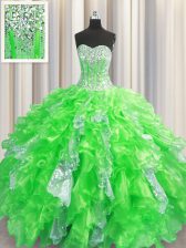Deluxe Visible Boning Ball Gowns Beading and Ruffles and Sequins Sweet 16 Quinceanera Dress Lace Up Organza and Sequined Sleeveless Floor Length