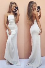 Fashion White Chiffon Lace Up Prom Evening Gown Sleeveless With Train Sweep Train Ruching