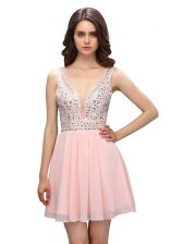 Best Selling Baby Pink Empire Chiffon V-neck Sleeveless Beading Mini Length Zipper Prom Evening Gown