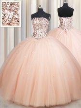  Peach Ball Gowns Tulle Strapless Sleeveless Beading Floor Length Lace Up 15 Quinceanera Dress