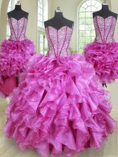 Noble Four Piece Fuchsia Lace Up 15th Birthday Dress Beading and Ruffles Sleeveless Floor Length